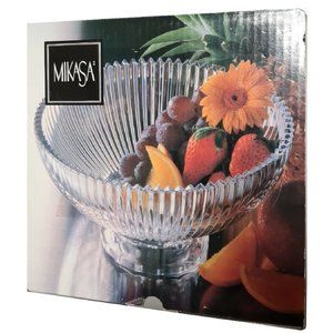 new Mikasa Diamond Fire Glass Crystal Footed 10" Round Serving Bowl Sawtooth Rim